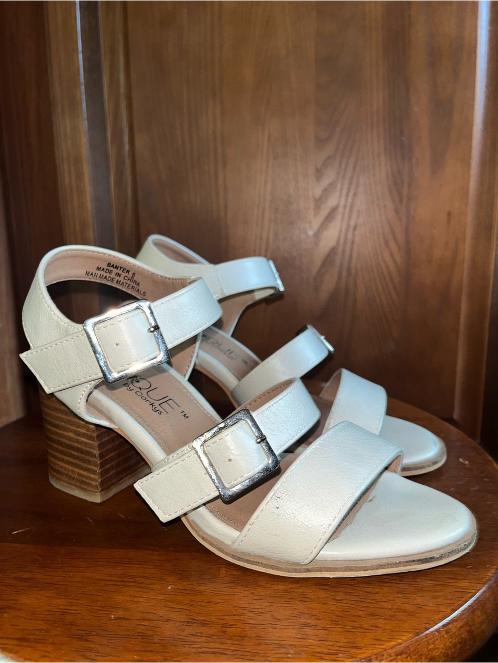 Banter White/Cream Three-Strap Block Heel Sandals